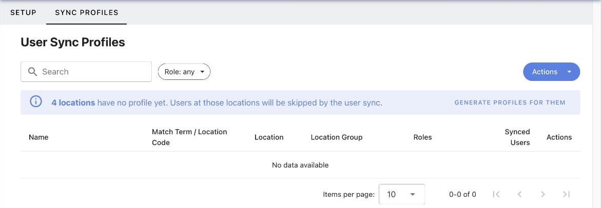 User Sync Profiles page with the Generate profiles banner