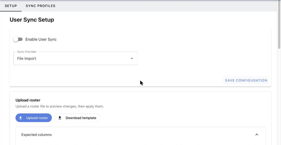 User Sync Setup tab with File Import selected and the Upload roster card
