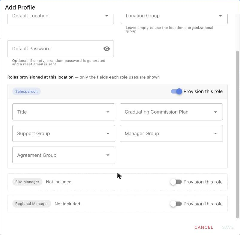 Add Profile dialog with role provisioning settings