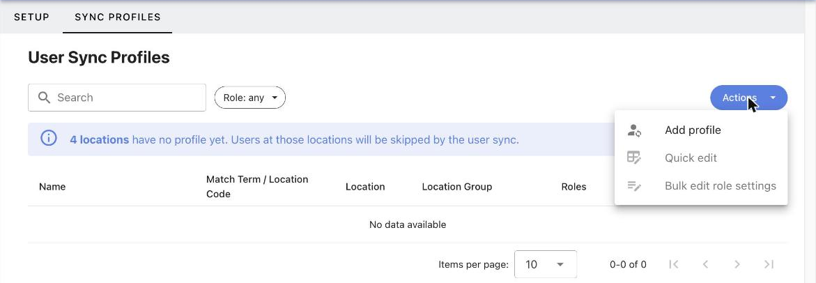 Actions menu with Add profile, Quick edit, and Bulk edit role settings