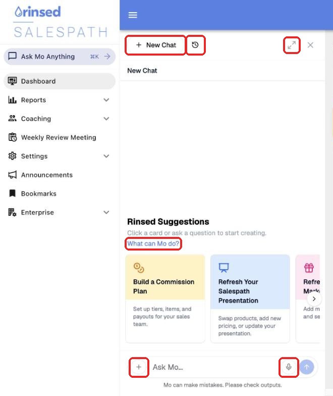 The Mo side panel with New Chat, History, the expand icon, What can Mo do?, the + button, and the microphone highlighted