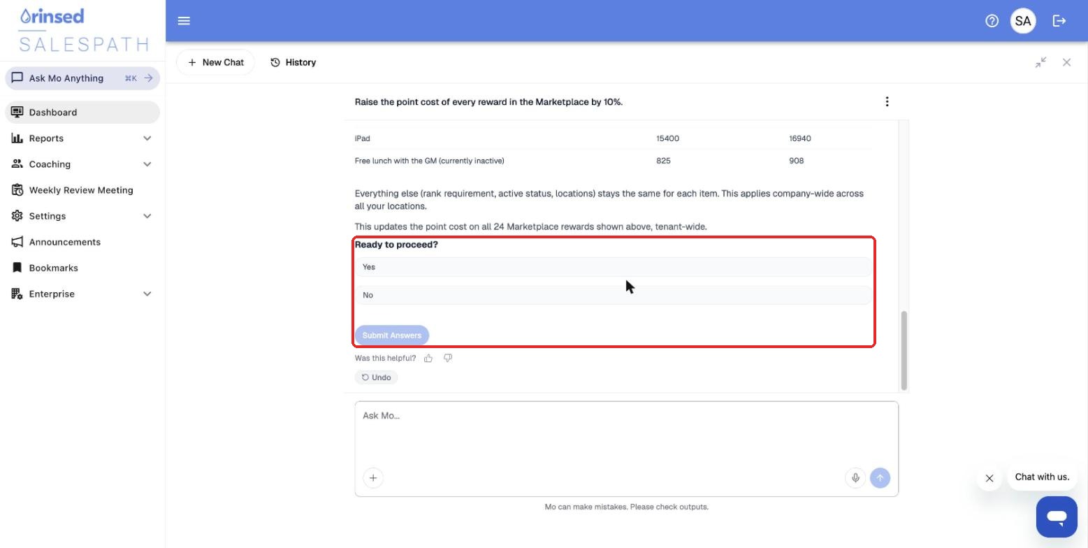 Mo asking Ready to proceed? with Yes, No, and Submit Answers highlighted